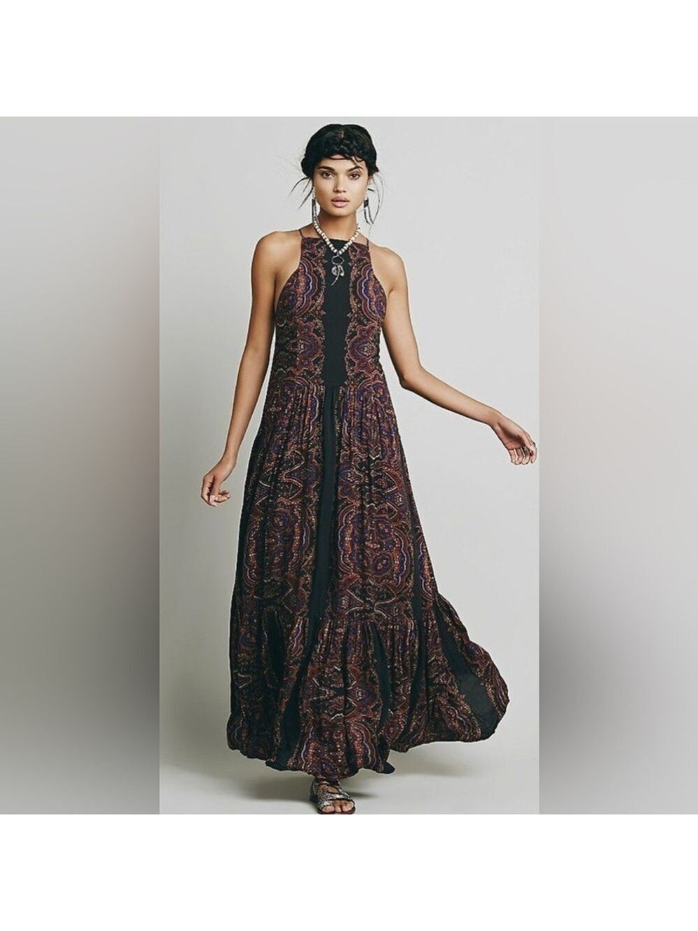 Free People Fragile Hearts Maxi Dress
Black Maroon Paisley 
Size XS